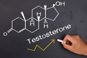 A chalkboard with the word testosterone and chemical symbols to indicate medical treatment in Dallas, TX.