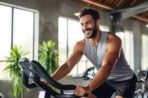 Simply Direct Medicine – An adult male exercising on an exercise bike, experiencing increased energy thanks to hormone therapy.