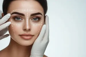 Simply Direct Medicine—A woman during a consultation with her doctor to discuss facial contouring in an office in Farmers Branch, TX.