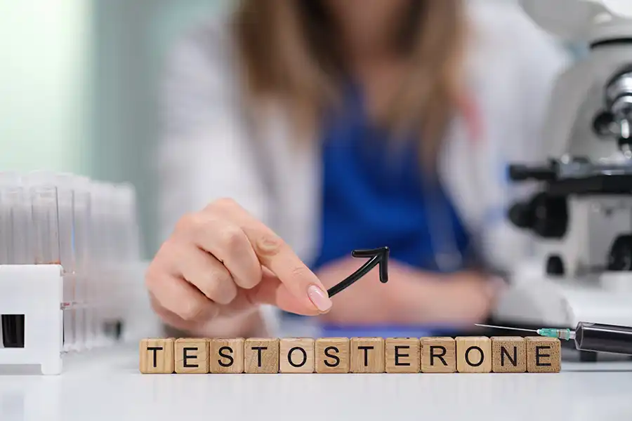 Simply Direct Medicine—A female doctor sits at a desk with wooden blocks that spell out “testosterone” in an office in Farmers Branch, TX.